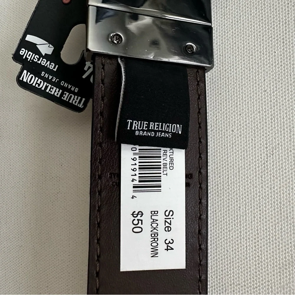 True Religion Black Men’s Reversible Belt with Polished Gunmetal Buckle Size 34
